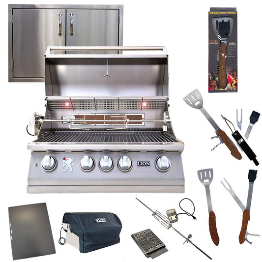 Lion Premium Grills 32 Inch L75000 Natural Gas Grill with USA Made 32 Inch Stainless Steel Double Door and Free Gourmet Package Lion Premium Grills