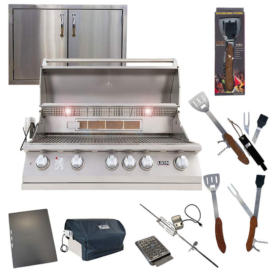 Lion Premium Grills 40 Inch L90000 Liquid Propane Grill with USA Made 30 Inch Stainless Steel Double Door and Free Gourmet Package Lion Premium Grills